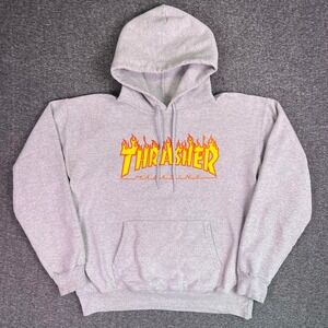 Thrasher Hoodie Mens S Gray Flame Logo Skate Streetwear Graphic Sweatshirt Y2K